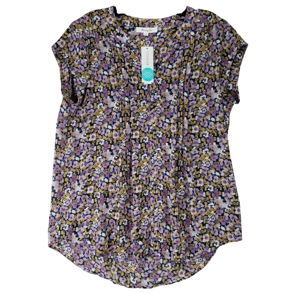 Monday Fun‎ Alvena Split Neck Blouse Women M Purple Floral Pintuck Boho